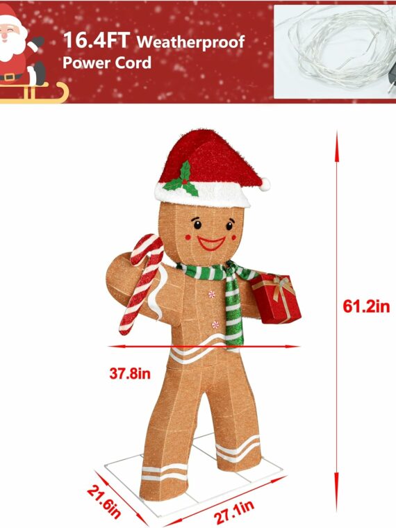 VEIKOU 5FT Gingerbread Man Outdoor Christmas Decoration with 120 LED Lights, Metal Frame, Holiday Yard Decor