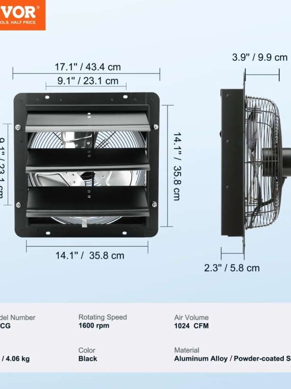 VEVOR 14'' Wall Mount Exhaust Fan, 1513 CFM, Smart Temp & Humidity Controller, ETL Listed, All-Metal Construction