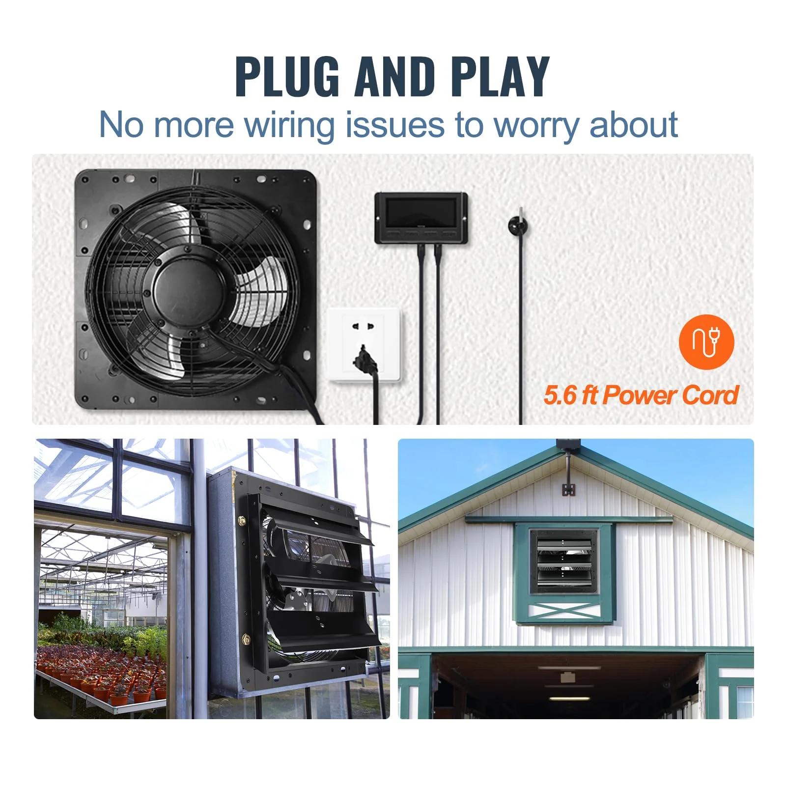 VEVOR 14'' Wall Mount Exhaust Fan, 1513 CFM, Smart Temp & Humidity Controller, ETL Listed, All-Metal Construction