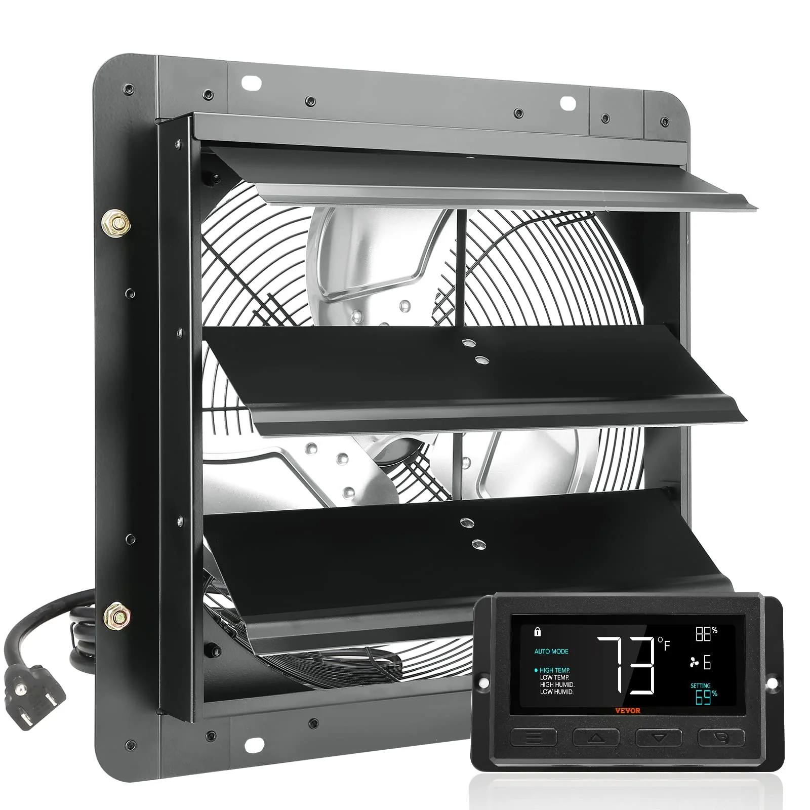 VEVOR 14'' Wall Mount Exhaust Fan, 1513 CFM, Smart Temp & Humidity Controller, ETL Listed, All-Metal Construction