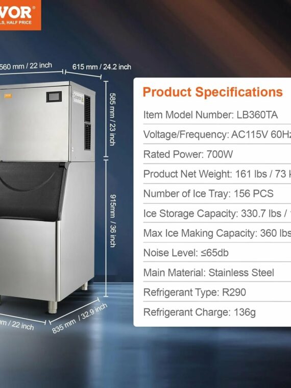 VEVOR Commercial Ice Maker 360lbs/24hr, 330.7lbs Storage, Self-Cleaning, LCD Control, Efficient Cooling