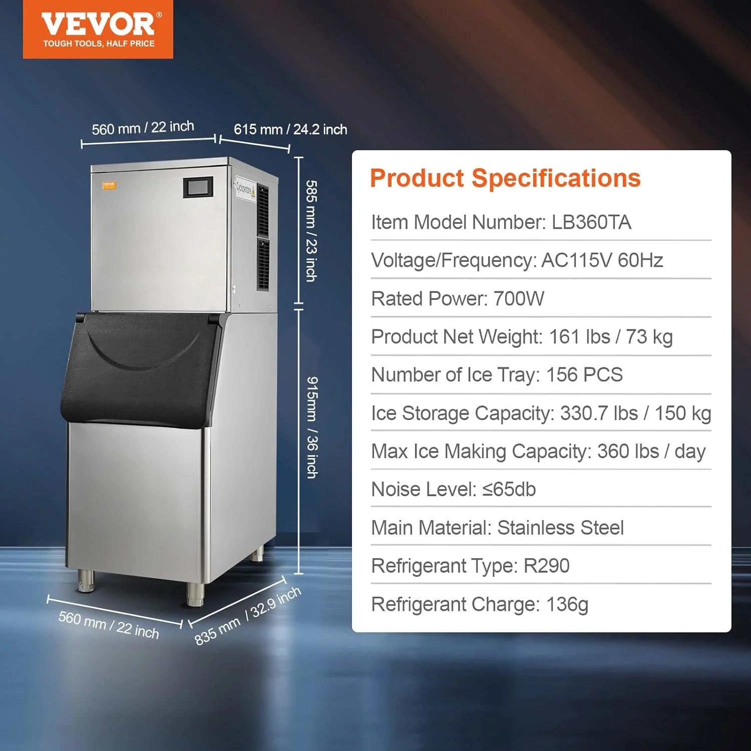 VEVOR Commercial Ice Maker 360lbs/24hr, 330.7lbs Storage, Self-Cleaning, LCD Control, Efficient Cooling