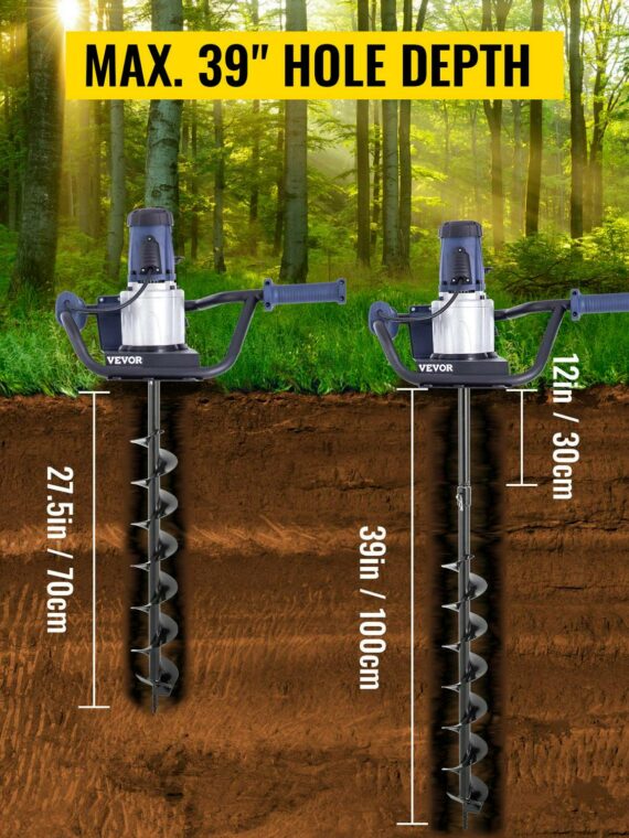 VEVOR Electric Post Hole Digger, 1200W 1.6HP, with 4 Auger Bits & 12" Extension, Durable Steel Construction