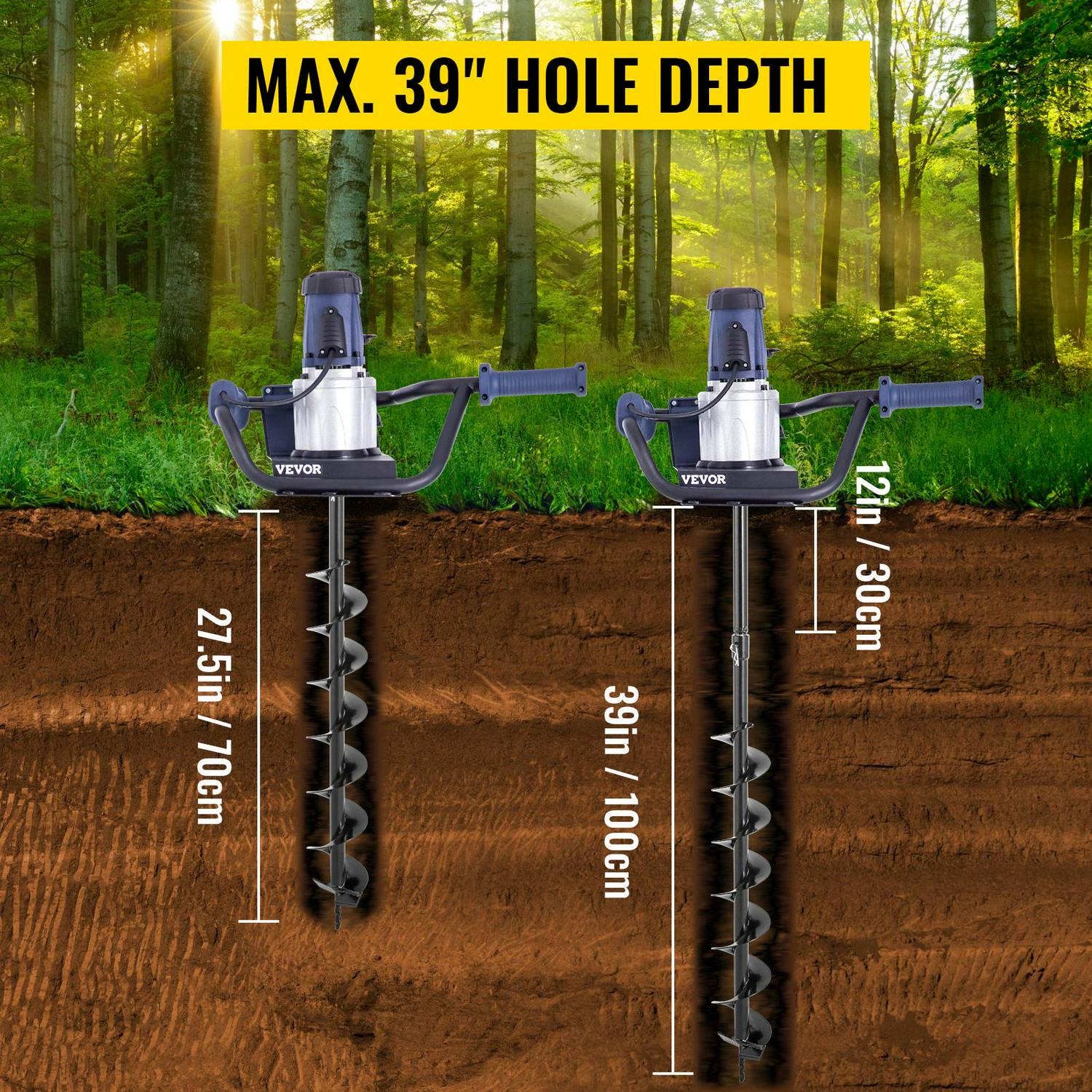 VEVOR Electric Post Hole Digger, 1200W 1.6HP, with 4 Auger Bits & 12" Extension, Durable Steel Construction