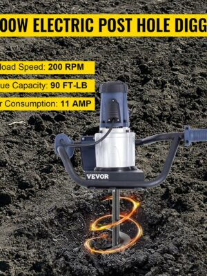 VEVOR Electric Post Hole Digger, 1200W 1.6HP, with 4 Auger Bits & 12″ Extension, Durable Steel Construction