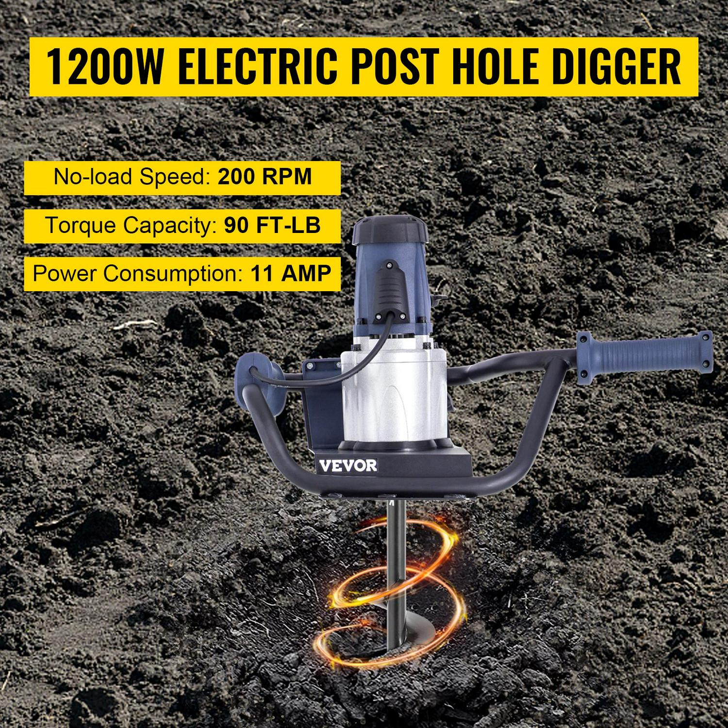 VEVOR Electric Post Hole Digger, 1200W 1.6HP, with 4 Auger Bits & 12" Extension, Durable Steel Construction