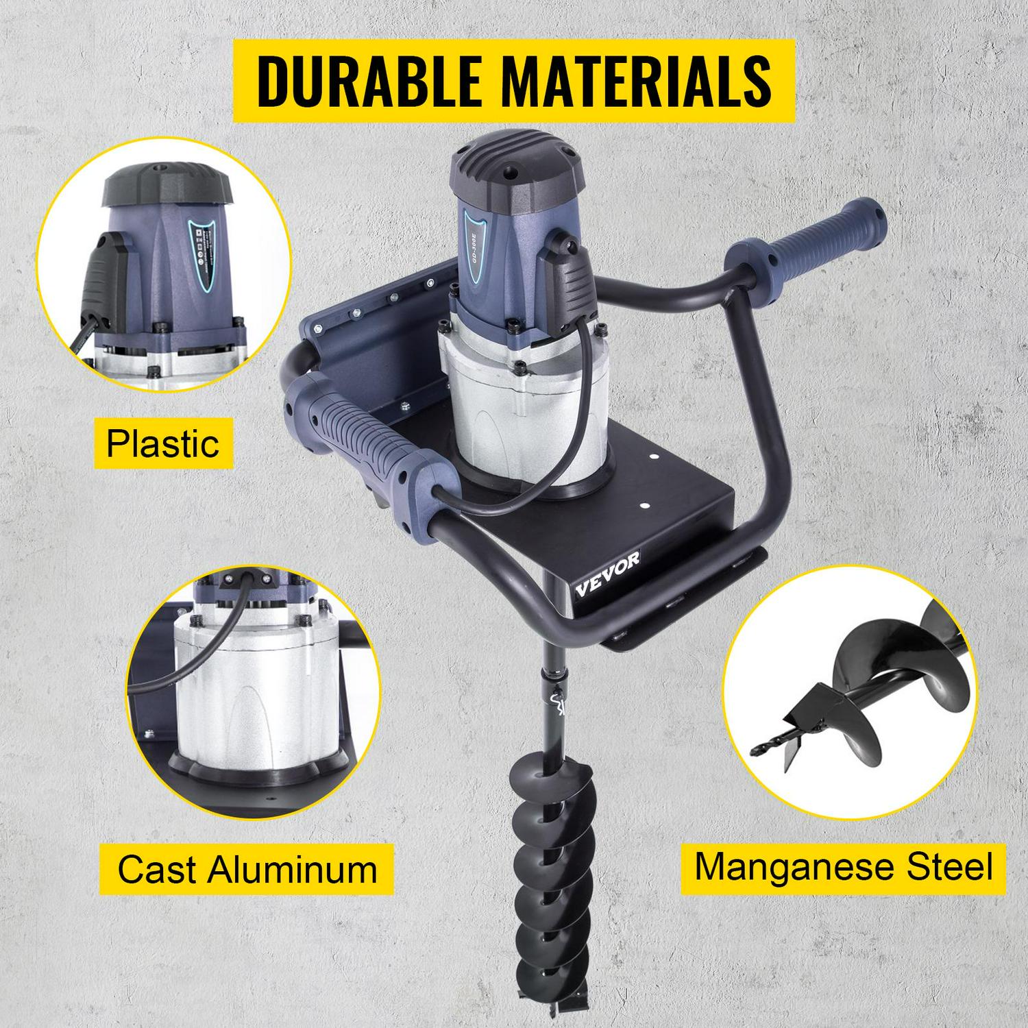 VEVOR Electric Post Hole Digger, 1200W 1.6HP, with 4 Auger Bits & 12" Extension, Durable Steel Construction