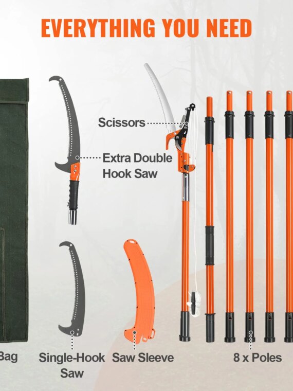 VEVOR Manual Pole Saw, 7.3-27 ft Extendable Tree Pruner, Carbon Steel Blade, Double Lock Design