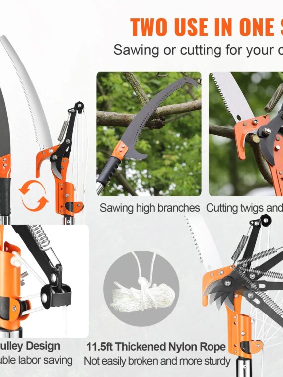 VEVOR Manual Pole Saw, 7.3-27 ft Extendable Tree Pruner, Carbon Steel Blade, Double Lock Design