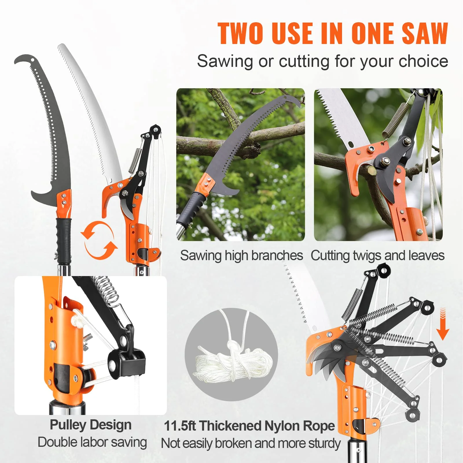 VEVOR Manual Pole Saw, 7.3-27 ft Extendable Tree Pruner, Carbon Steel Blade, Double Lock Design