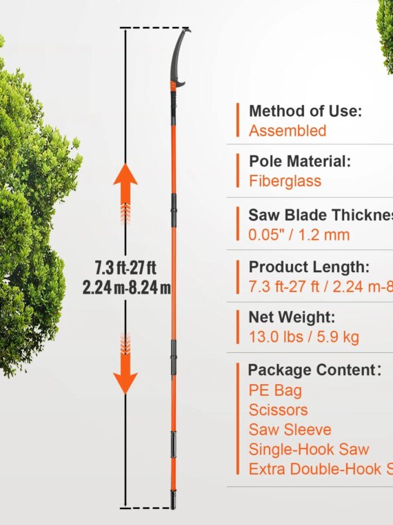 VEVOR Manual Pole Saw, 7.3-27 ft Extendable Tree Pruner, Carbon Steel Blade, Double Lock Design