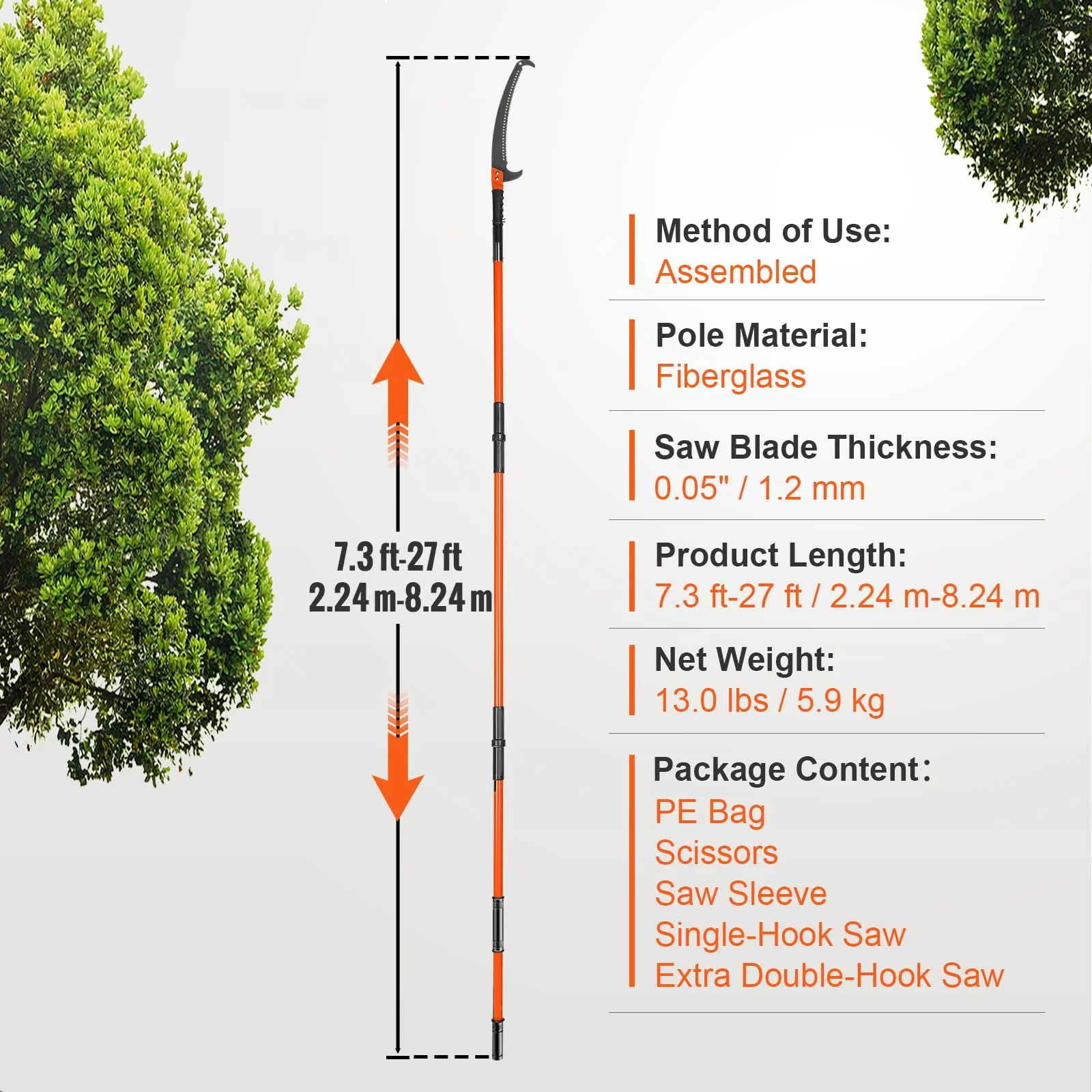 VEVOR Manual Pole Saw, 7.3-27 ft Extendable Tree Pruner, Carbon Steel Blade, Double Lock Design