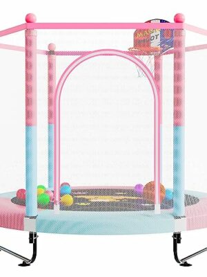 VGMiu 60" Toddler Trampoline with Safety Enclosure Net & Basketball Hoop - Indoor/Outdoor Use