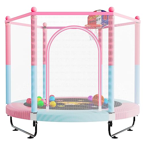 VGMiu 60" Toddler Trampoline with Safety Enclosure Net & Basketball Hoop - Indoor/Outdoor Use