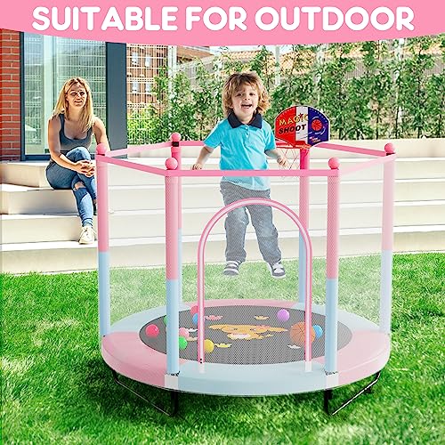 VGMiu 60" Toddler Trampoline with Safety Enclosure Net & Basketball Hoop - Indoor/Outdoor Use