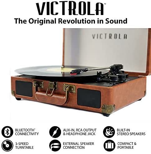 Victrola Vintage Bluetooth Portable Suitcase Record Player, 3-Speed Turntable with Premium Sound, RCA & Headphone Outputs