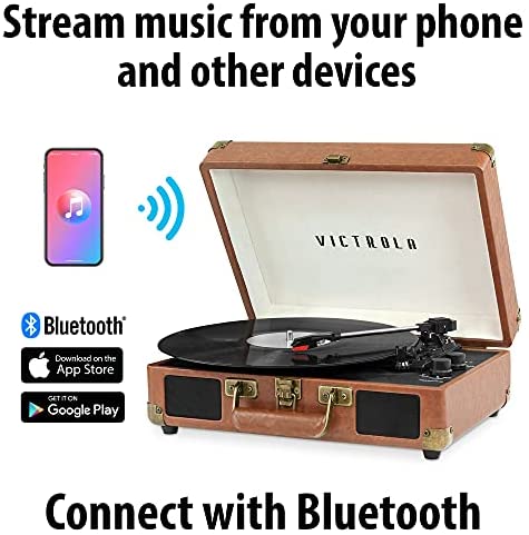 Victrola Vintage Bluetooth Portable Suitcase Record Player, 3-Speed Turntable with Premium Sound, RCA & Headphone Outputs