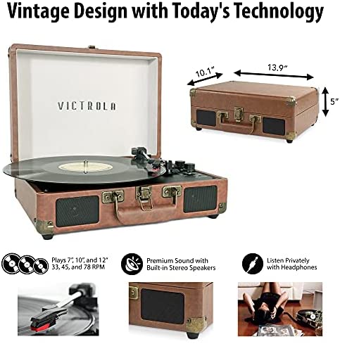 Victrola Vintage Bluetooth Portable Suitcase Record Player, 3-Speed Turntable with Premium Sound, RCA & Headphone Outputs