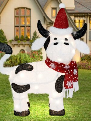 VIKIMORA 32" Lighted Christmas Cow Decoration, 3D LED Pre-lit Fluffy Fabric for Indoor/Outdoor Holiday Display