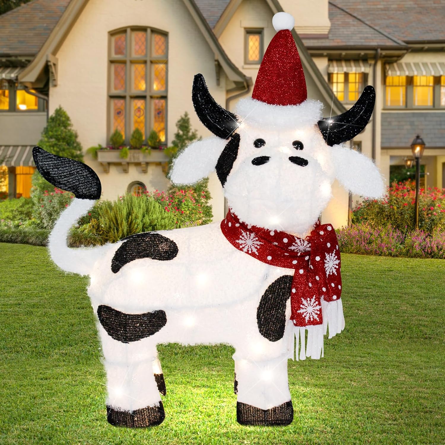 VIKIMORA 32" Lighted Christmas Cow Decoration, 3D LED Pre-lit Fluffy Fabric for Indoor/Outdoor Holiday Display