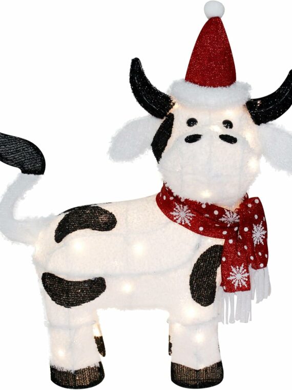 VIKIMORA 32" Lighted Christmas Cow Decoration, 3D LED Pre-lit Fluffy Fabric for Indoor/Outdoor Holiday Display