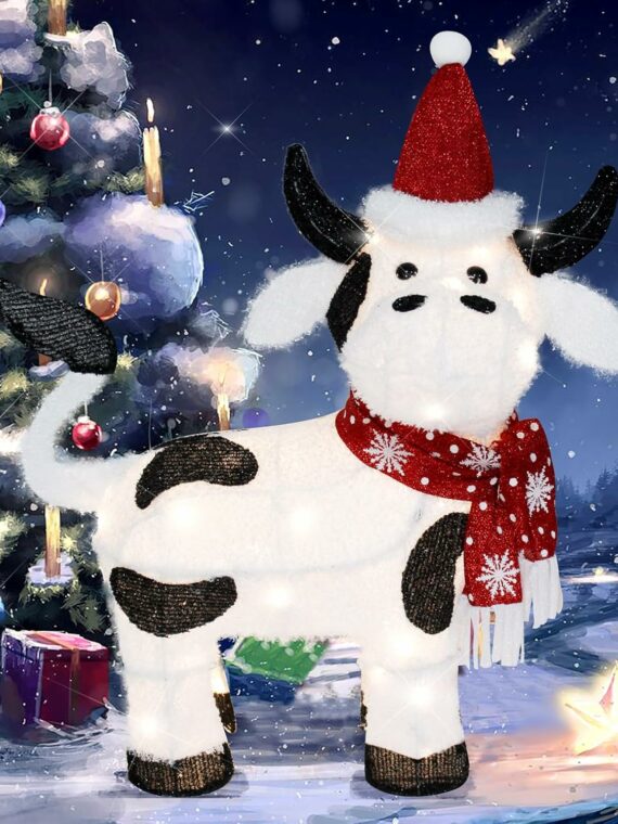 VIKIMORA 32" Lighted Christmas Cow Decoration, 3D LED Pre-lit Fluffy Fabric for Indoor/Outdoor Holiday Display