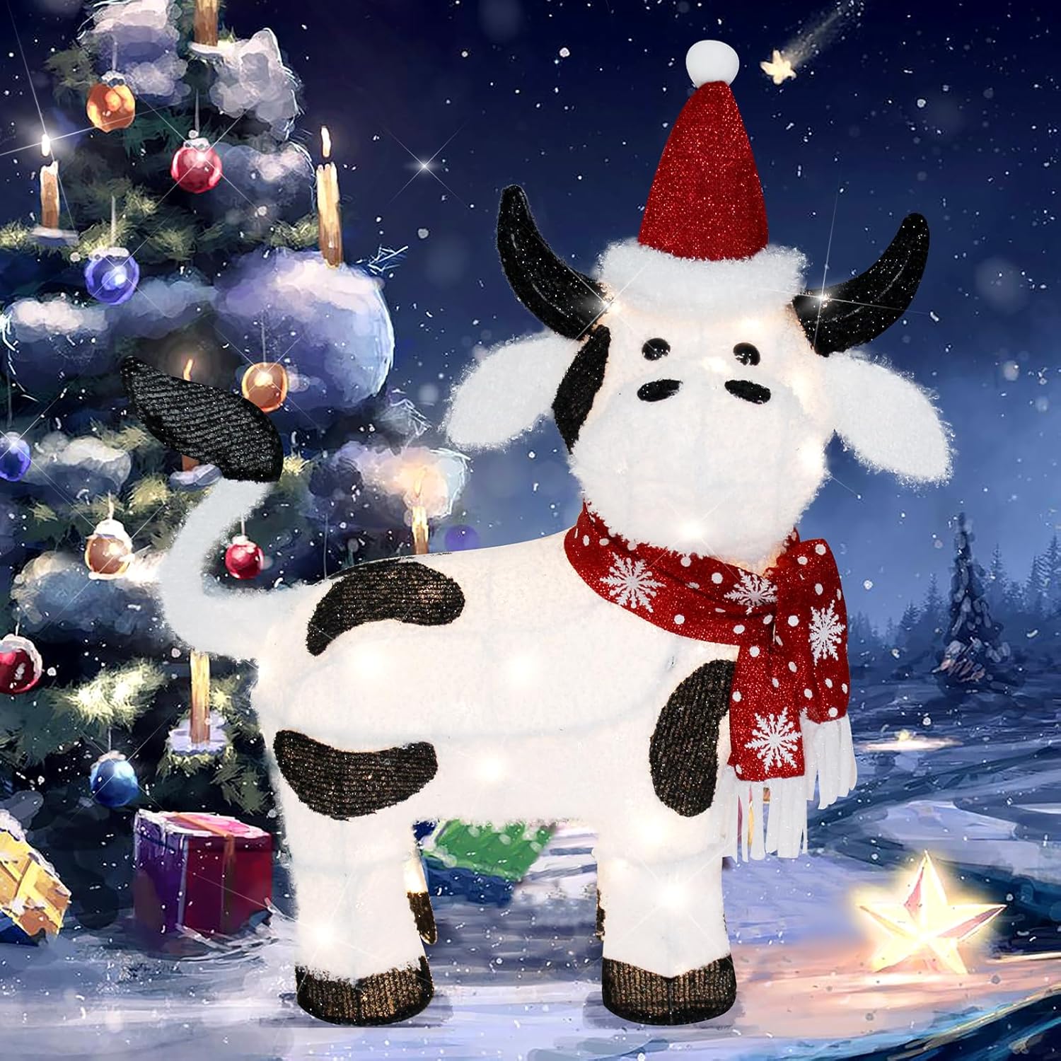 VIKIMORA 32" Lighted Christmas Cow Decoration, 3D LED Pre-lit Fluffy Fabric for Indoor/Outdoor Holiday Display