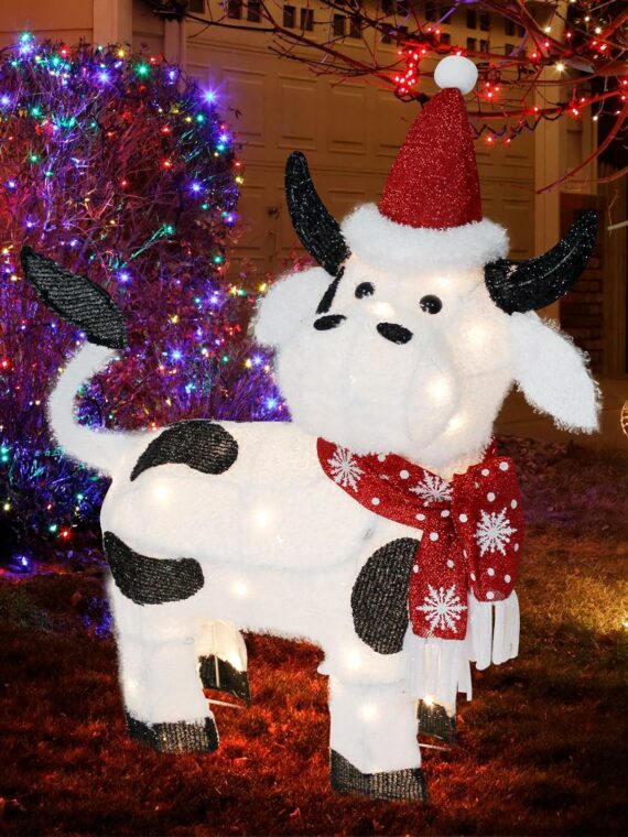 VIKIMORA 32" Lighted Christmas Cow Decoration, 3D LED Pre-lit Fluffy Fabric for Indoor/Outdoor Holiday Display