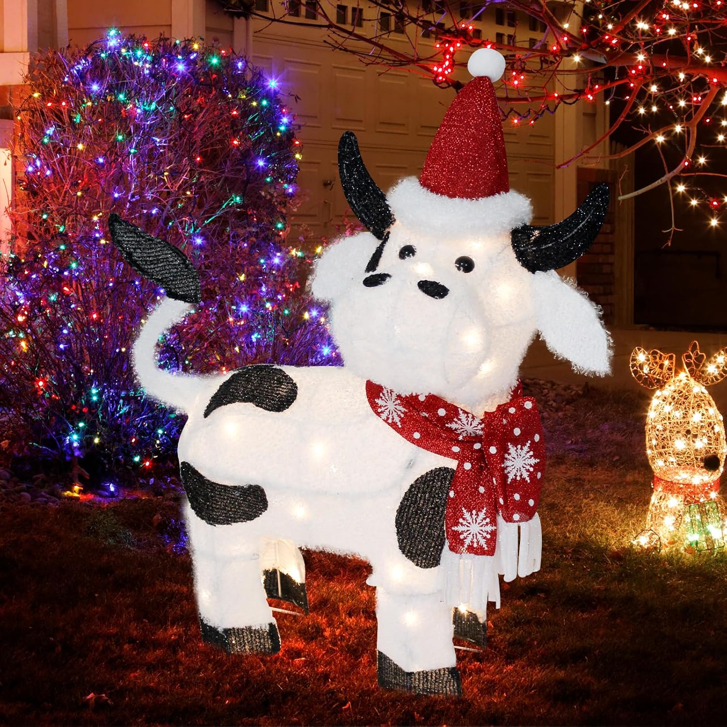 VIKIMORA 32" Lighted Christmas Cow Decoration, 3D LED Pre-lit Fluffy Fabric for Indoor/Outdoor Holiday Display
