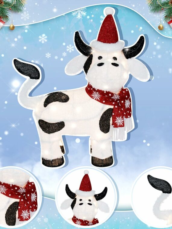 VIKIMORA 32" Lighted Christmas Cow Decoration, 3D LED Pre-lit Fluffy Fabric for Indoor/Outdoor Holiday Display
