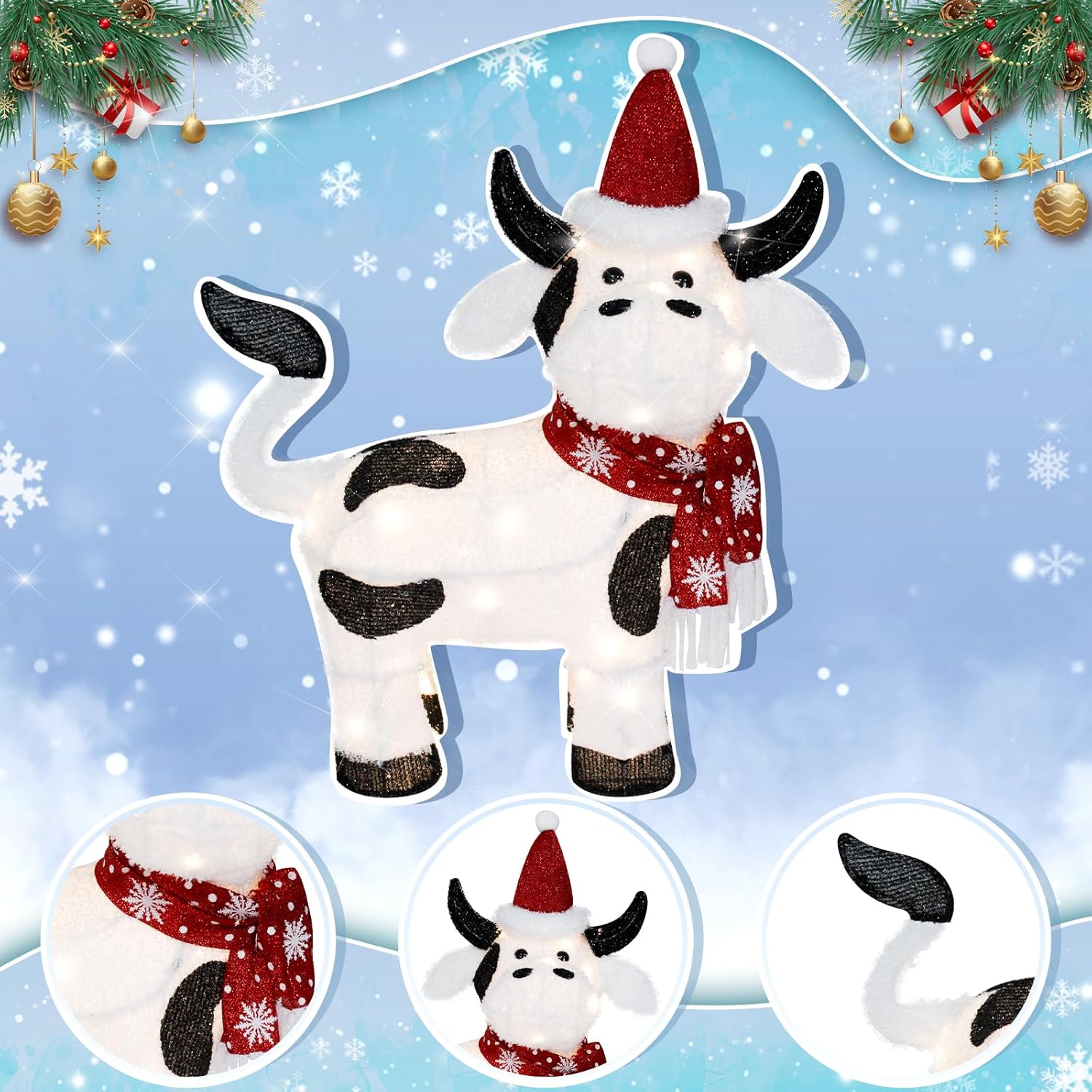 VIKIMORA 32" Lighted Christmas Cow Decoration, 3D LED Pre-lit Fluffy Fabric for Indoor/Outdoor Holiday Display