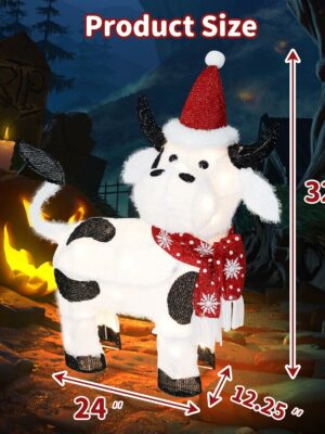 VIKIMORA 32″ Lighted Christmas Cow Decoration, 3D LED Pre-lit Fluffy Fabric for Indoor/Outdoor Holiday Display