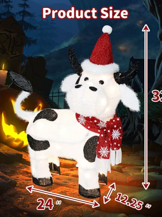 VIKIMORA 32" Lighted Christmas Cow Decoration, 3D LED Pre-lit Fluffy Fabric for Indoor/Outdoor Holiday Display
