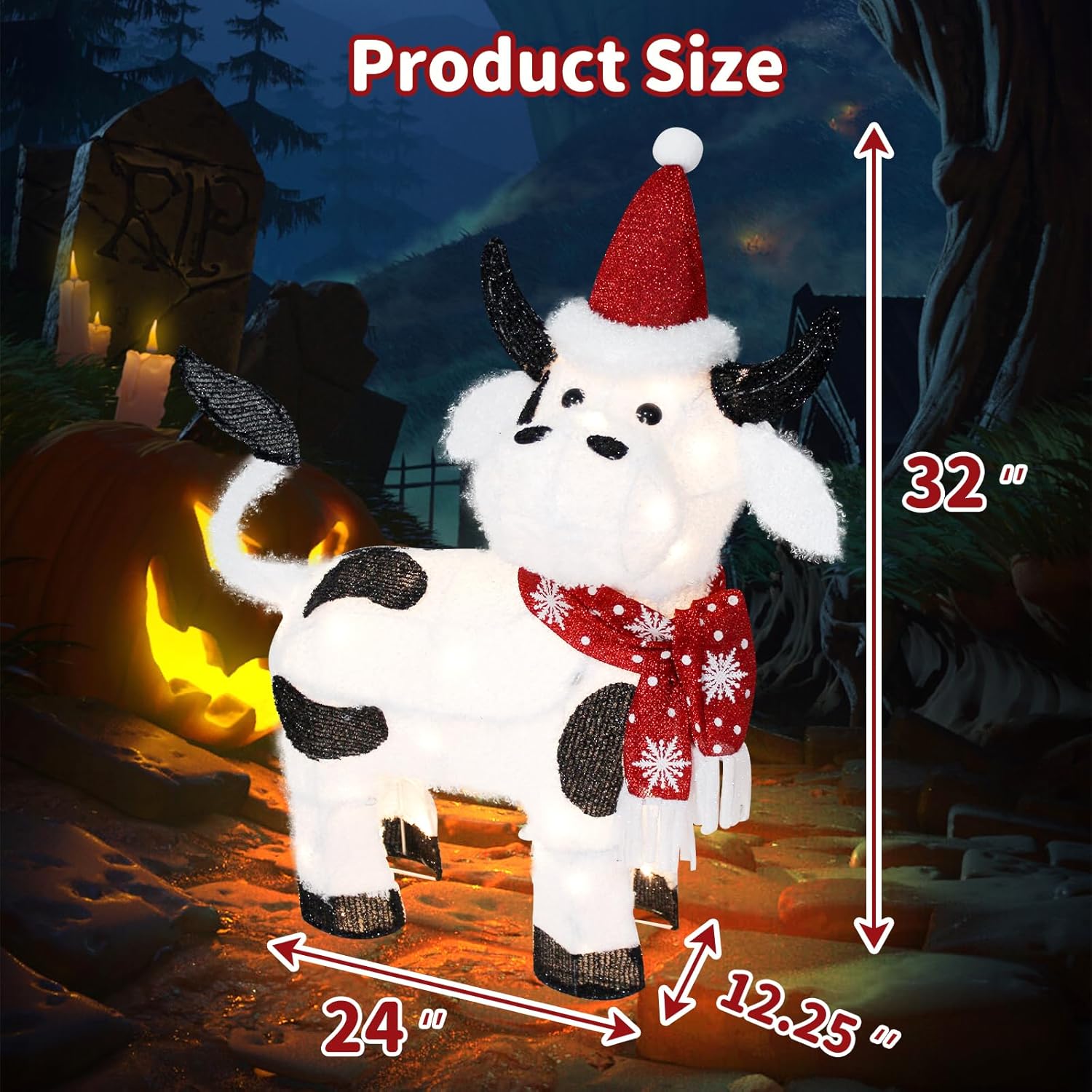 VIKIMORA 32" Lighted Christmas Cow Decoration, 3D LED Pre-lit Fluffy Fabric for Indoor/Outdoor Holiday Display