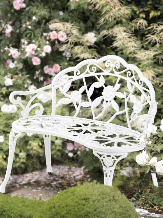 VINGLI 38.5" Antique Outdoor Metal Rose Bench, Rust-Resistant Aluminum, 500 lbs Capacity, Easy Assembly