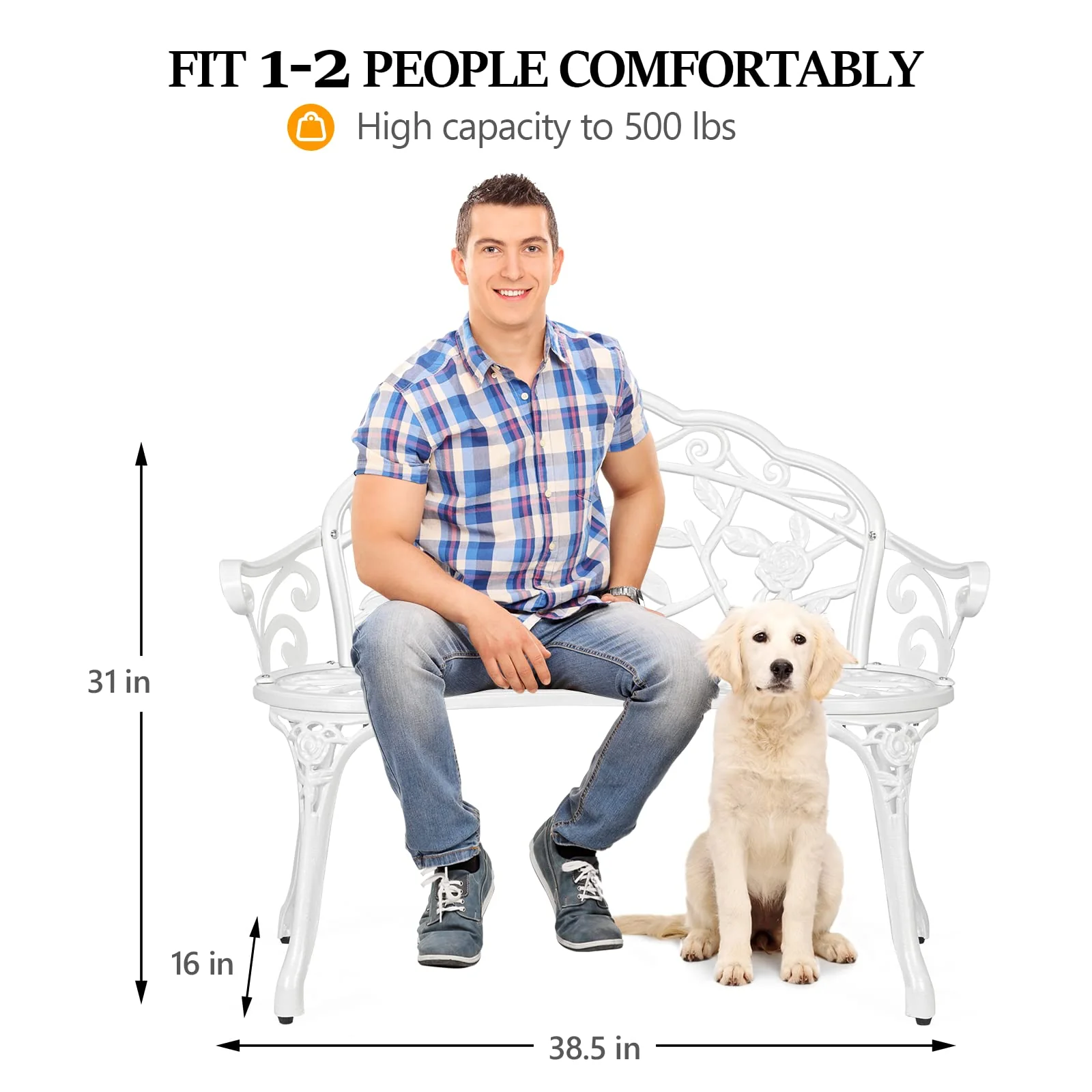 VINGLI 38.5" Antique Outdoor Metal Rose Bench, Rust-Resistant Aluminum, 500 lbs Capacity, Easy Assembly