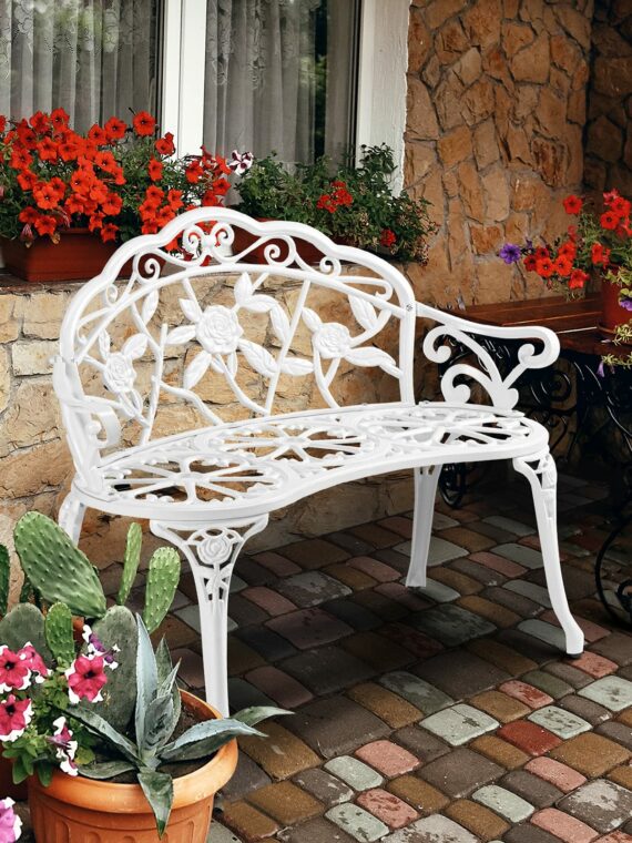 VINGLI 38.5" Antique Outdoor Metal Rose Bench, Rust-Resistant Aluminum, 500 lbs Capacity, Easy Assembly