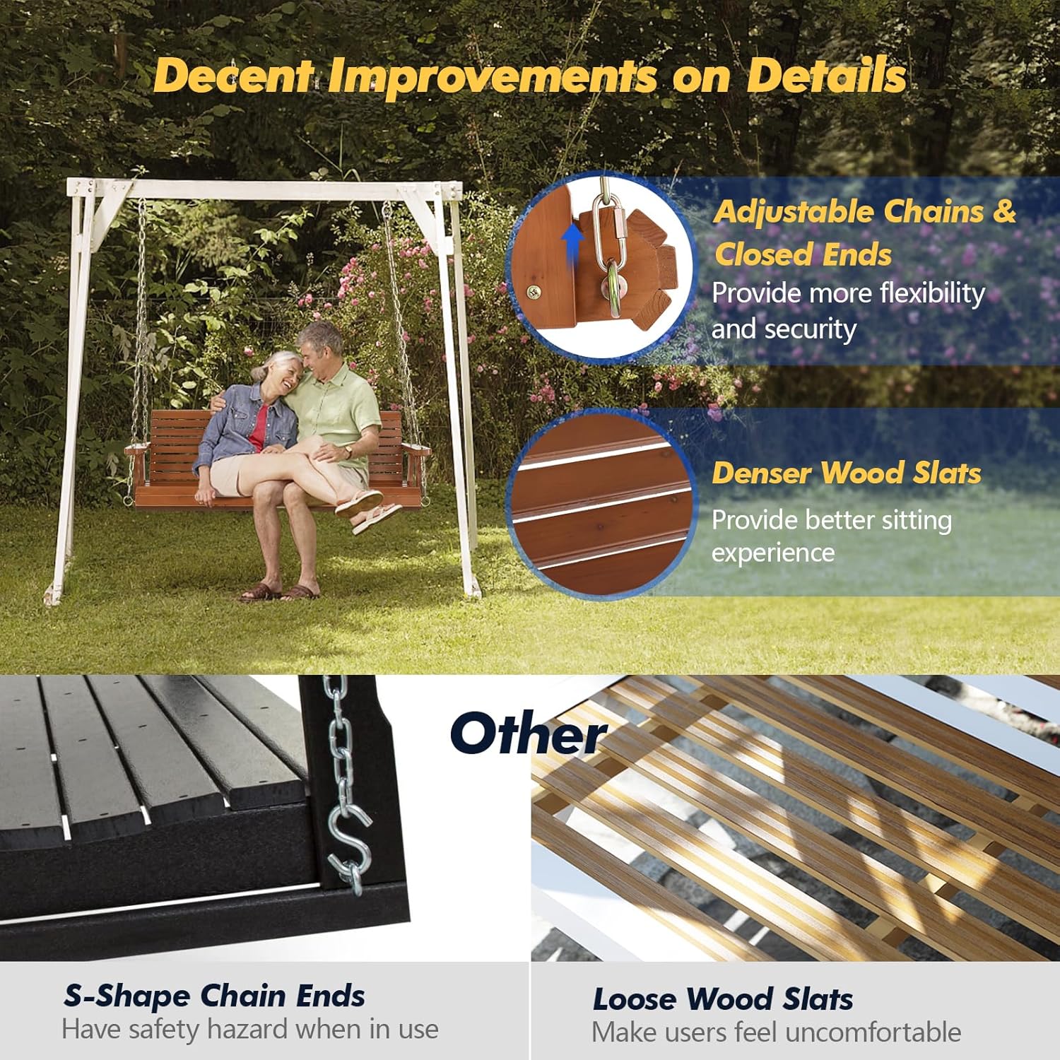 VINGLI 5 FT Wooden Porch Swing with Adjustable Chains, Ergonomic Design, 880 lbs Capacity, Durable Finish