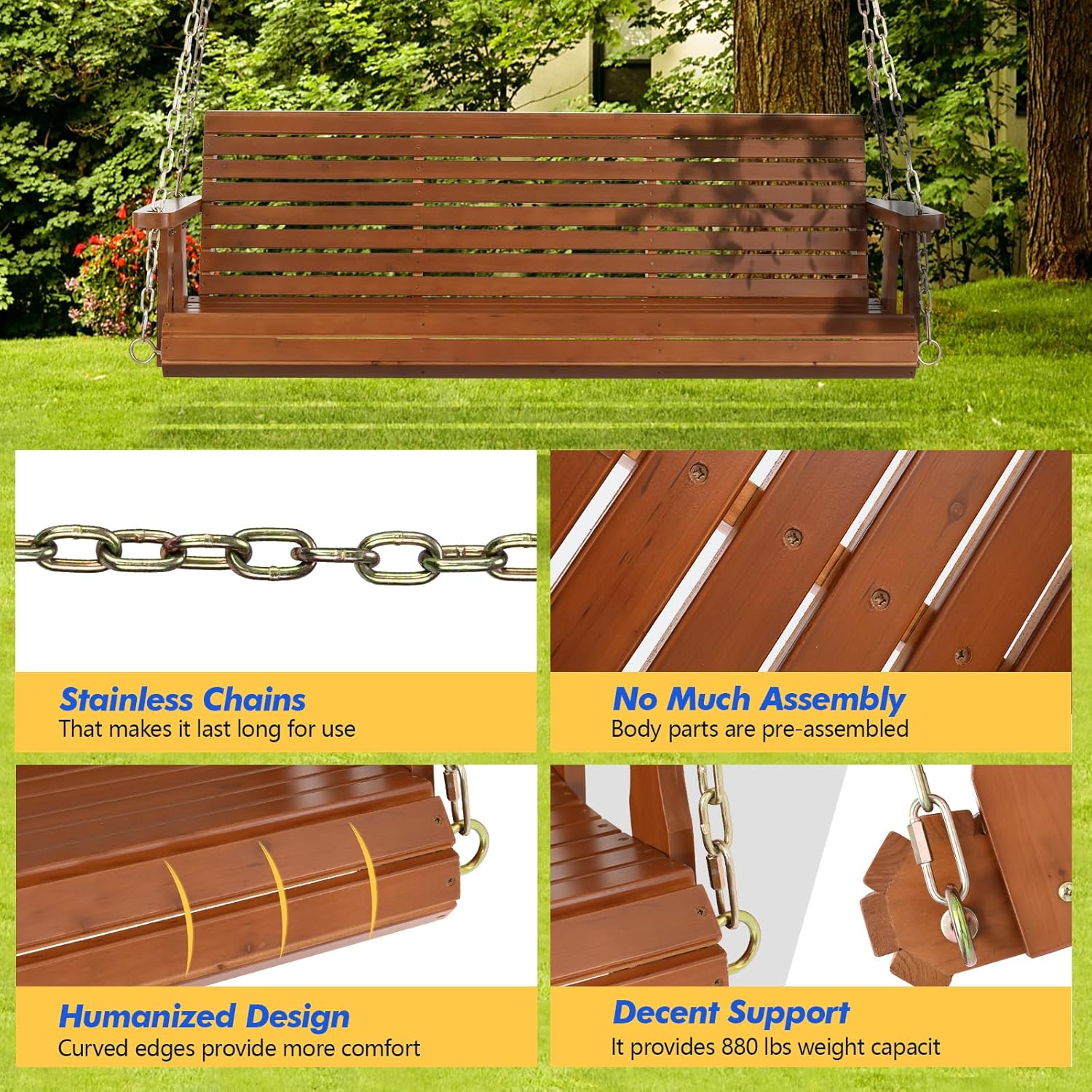 VINGLI 5 FT Wooden Porch Swing with Adjustable Chains, Ergonomic Design, 880 lbs Capacity, Durable Finish