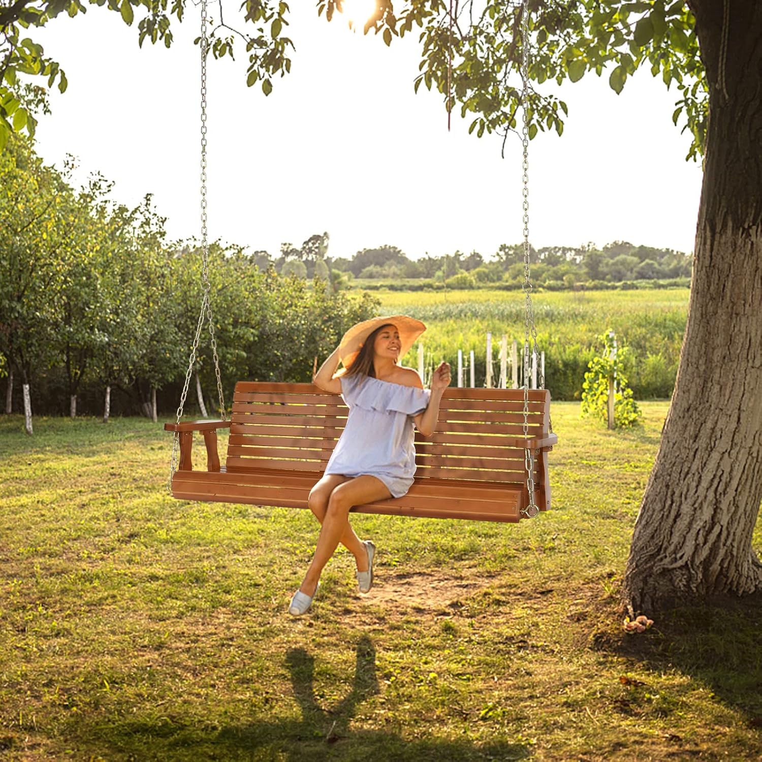 VINGLI 5 FT Wooden Porch Swing with Adjustable Chains, Ergonomic Design, 880 lbs Capacity, Durable Finish