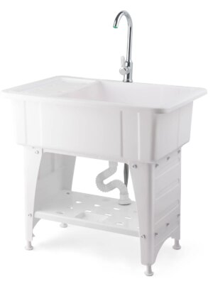 VINGLI Utility Sink Laundry Tub with Faucet & Drainboard, Eco-Friendly PP Material, Space-Saving Design for Laundry, Garage & Outdoor Use