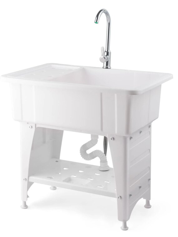 VINGLI Utility Sink Laundry Tub with Faucet & Drainboard, Eco-Friendly PP Material, Space-Saving Design for Laundry, Garage & Outdoor Use