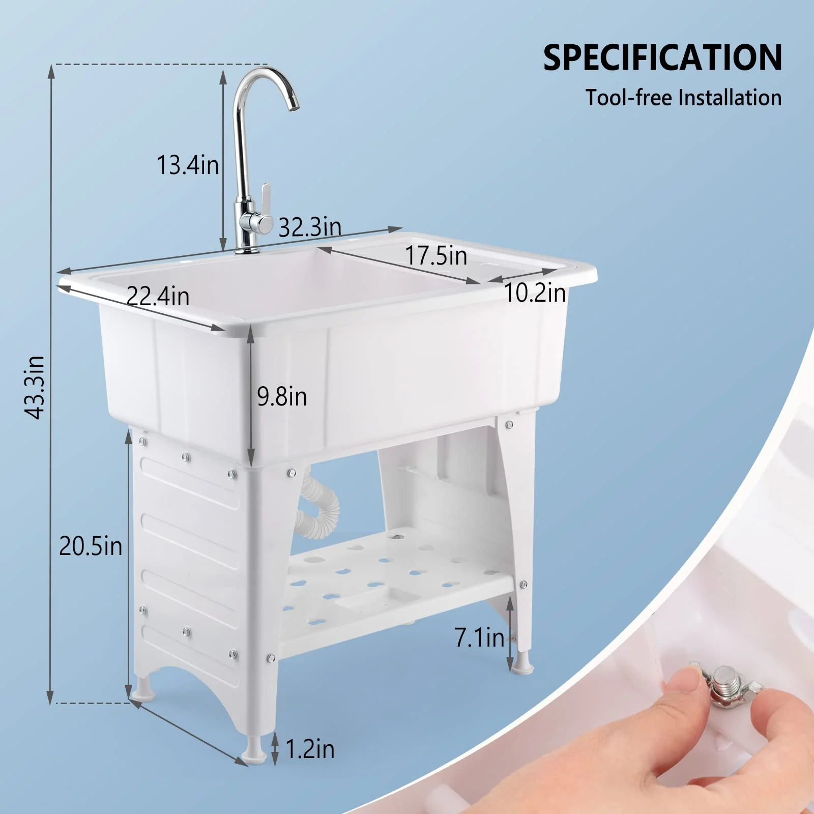 VINGLI Utility Sink Laundry Tub with Faucet & Drainboard, Eco-Friendly PP Material, Space-Saving Design for Laundry, Garage & Outdoor Use