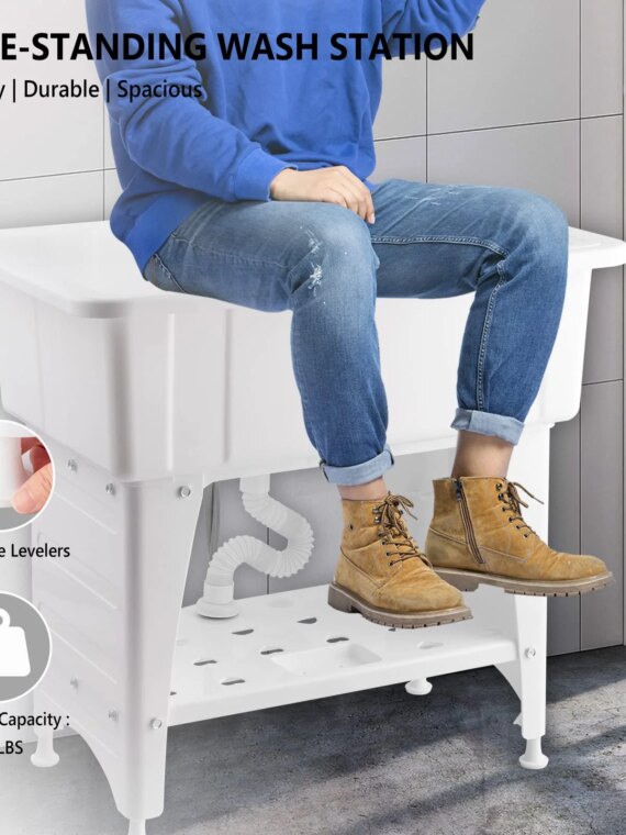 VINGLI Utility Sink Laundry Tub with Faucet & Drainboard, Eco-Friendly PP Material, Space-Saving Design for Laundry, Garage & Outdoor Use