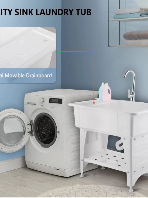 VINGLI Utility Sink Laundry Tub with Faucet & Drainboard, Eco-Friendly PP Material, Space-Saving Design for Laundry, Garage & Outdoor Use