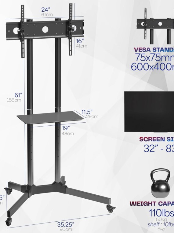 VIVO Mobile TV Cart for 32-83" Screens, 110 lbs Capacity, Adjustable Height & Tilt, with Utility Shelf