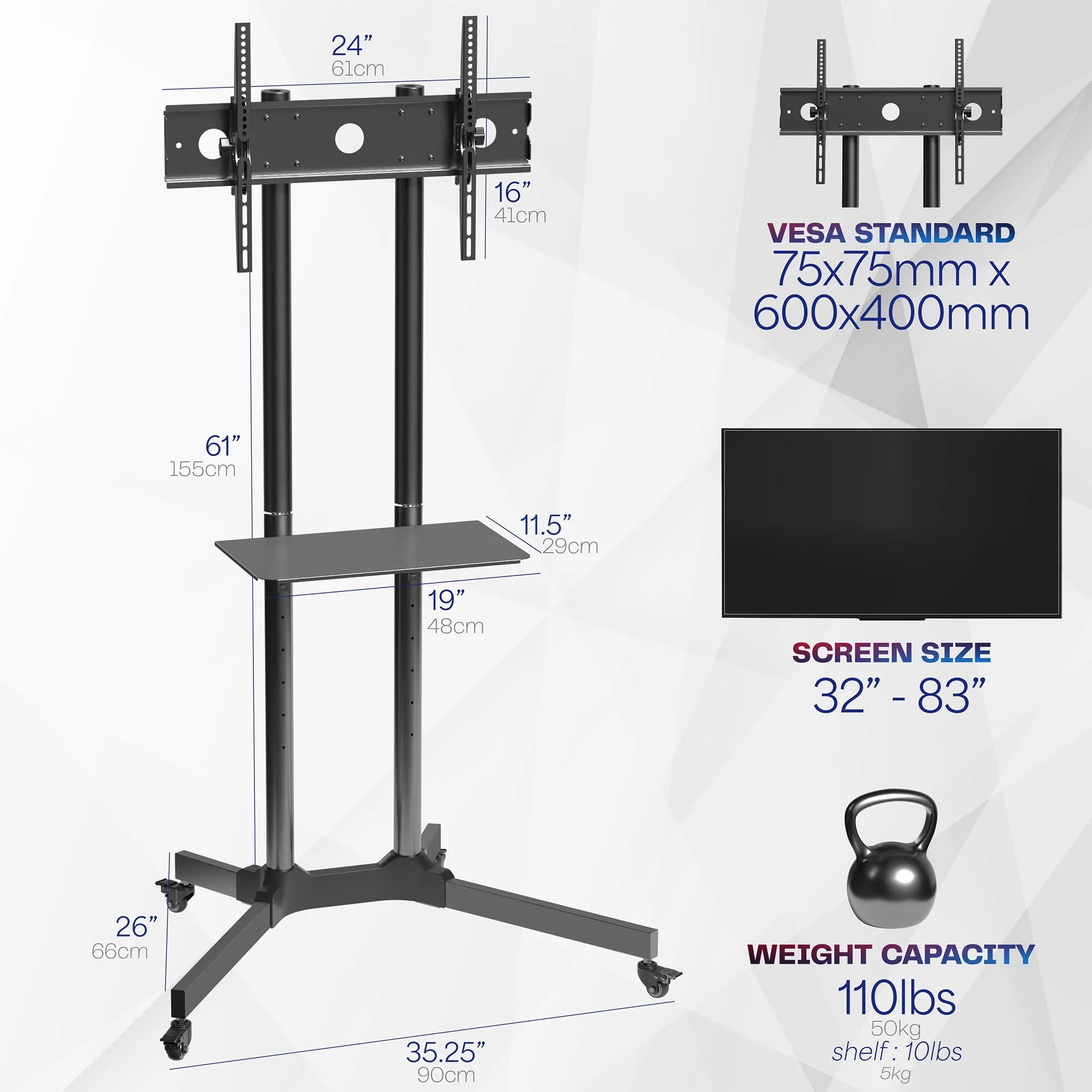 VIVO Mobile TV Cart for 32-83" Screens, 110 lbs Capacity, Adjustable Height & Tilt, with Utility Shelf