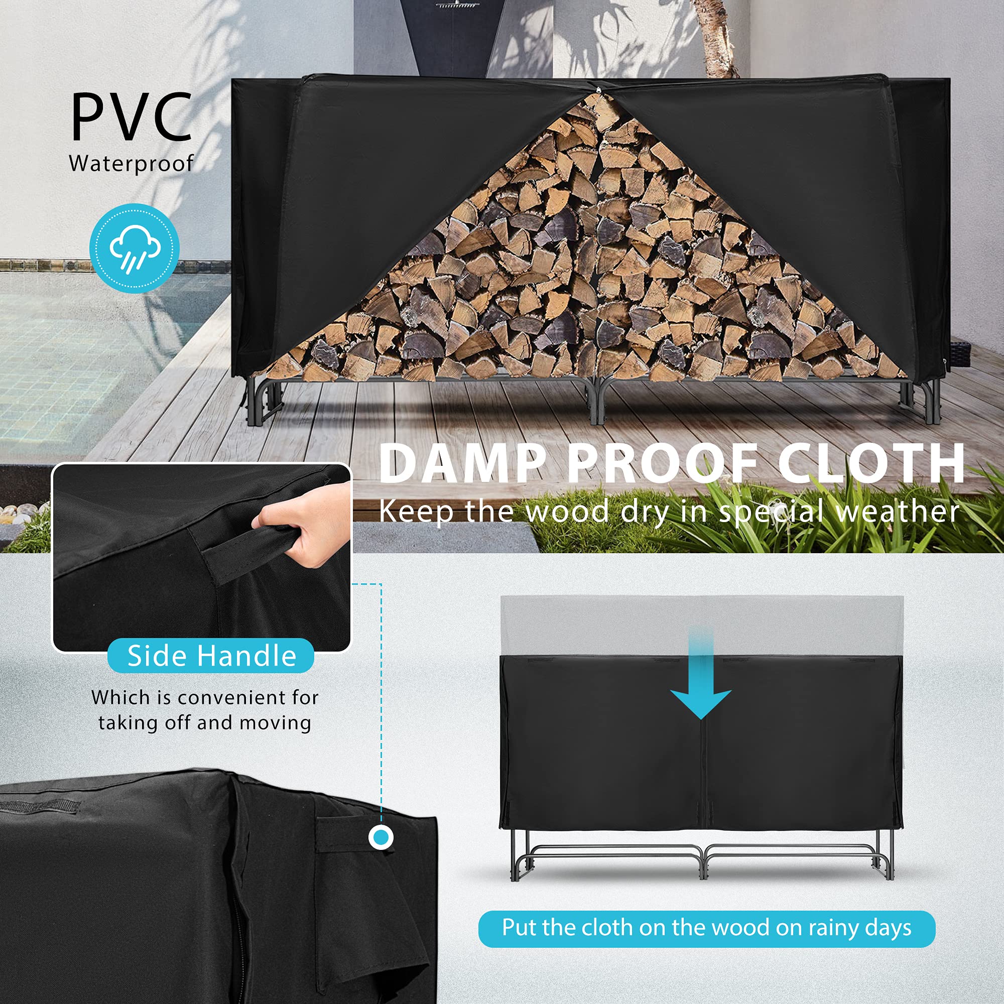 VIVOHOME 8ft Heavy Duty Firewood Log Rack with Weatherproof Cover, Steel Frame, for Outdoor Use