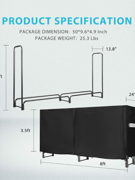 VIVOHOME 8ft Heavy Duty Firewood Log Rack with Weatherproof Cover, Steel Frame, for Outdoor Use