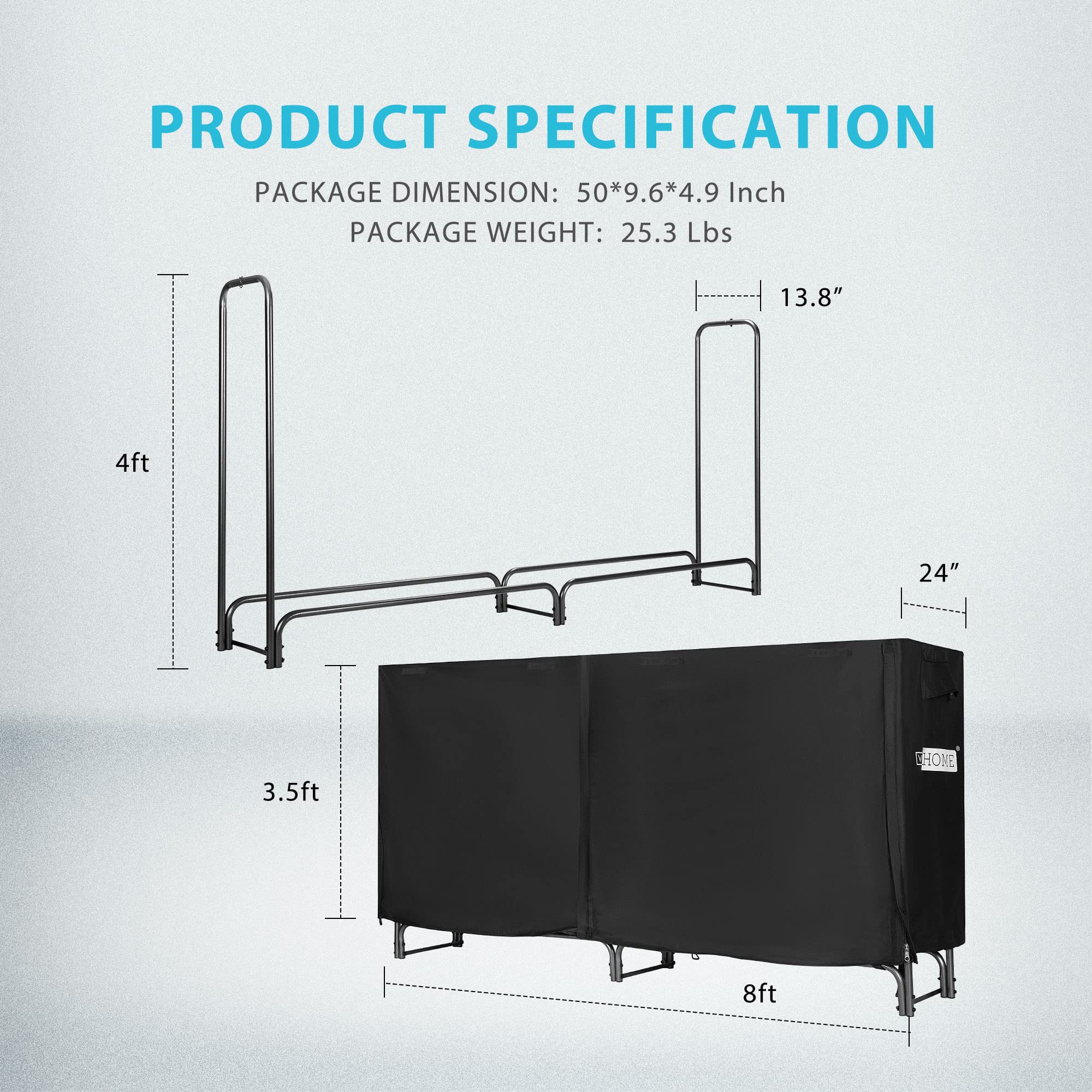 VIVOHOME 8ft Heavy Duty Firewood Log Rack with Weatherproof Cover, Steel Frame, for Outdoor Use